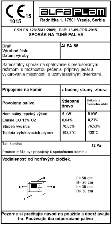 ALFA PLAM sporák 55 de luxe PRAVÝ BIELY