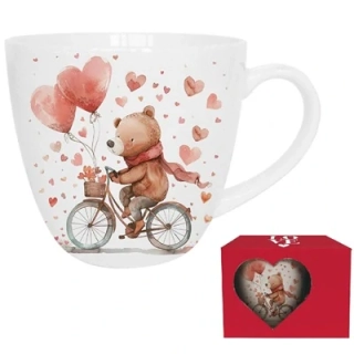 Valentínska šálka medveď na bicykli 460 ml v darčekovej krabičke