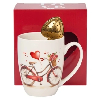 Valentínska šálka s čajítkom bicykel so srdiečkom 360 ml v darčekovej krabičke