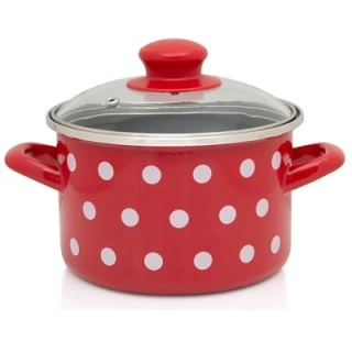 Metalac smaltovaný Hrniec s pokrievkou 14 cm - 1,5L, ČERVENÉ BODKY - čierne vnútro