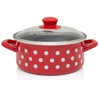 Metalac smaltovaný Randlík s pokrievkou 14 cm - 1L Červené bodky - čierne vnútro