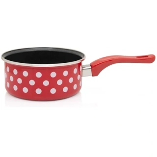 Metalac smaltovaný Randlík s rúčkou 14 cm - 1L Červené bodky, čierne vnútro